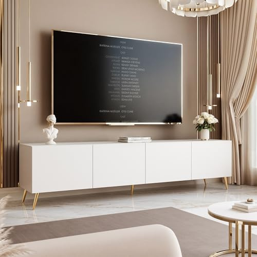 IDOHOME TV Lowboard stehend mit LED und 4 Fächern 200 cm Weiß Matt | 200 x 40 x 36 cm, Laminierte Platte, Mehr Stauraum, Push to Open, TV Zubehör, LED Beleuchtung