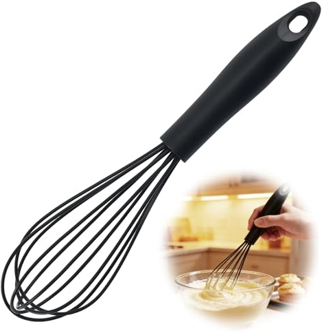 Vyqrx 10 Inch Silicone Whisk, Black Balloon Whisk with Plastic Handle, Non-Scratch Plastic Whisk Heat-Resistant Egg Whisk for Cooking, Baking, Whipping & Stirring (Black)