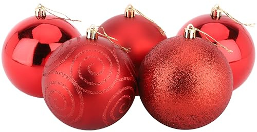 Christmas Concepts® 5er Pack - Extra große 100mm Christbaumkugeln - Glänzend, Matt & Glitterdekorierte Kugeln (Rot)