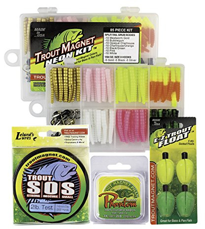 Trout Magnet Trout Fishing Gear Kit - Ultimate Neon Bundle - 85pc Grub Lure Set with Neon Bait and Hooks, 350 Yard Trout S.O.S. Line Spool, Fluorocarbon Phantom Leader Line, 4 E-ZTrout Floats