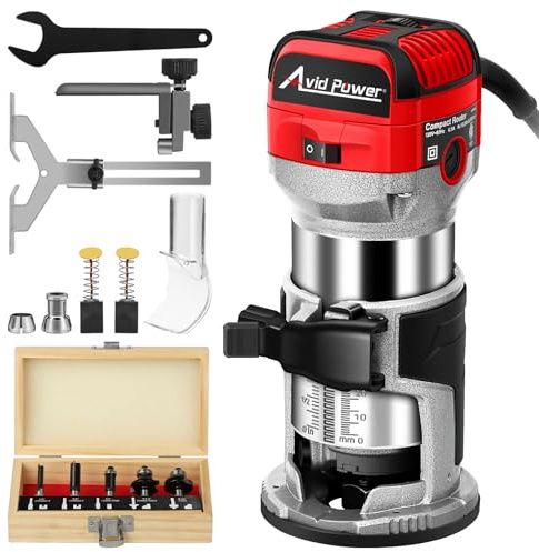 AVID POWER 6.5 Amp 1.25 HP Compact Router Tools for Woodworking, Fixed Base Wood Router with Trim Router Bits, 6 Variable Speeds, Edge Guide, Roller Guide, Dust Hood (Red, 65mm)