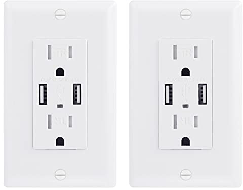 EverElectrix 2 Pack 4.8A Wall Outlet With USB Ports - 15Amp Duplex Tamper Resistant Charger, UL Listed, Electrical Receptacle With Dual USB, White