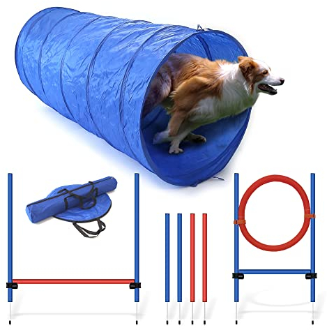 NATIV LEMODO Agility Set Hunde | Hundetraining mit Agility Hürde, Hundetunnel und Sprungring | Einfach zu transportierendes Hundetraining Zubehör | Einsteiger-Set in den Hundesport