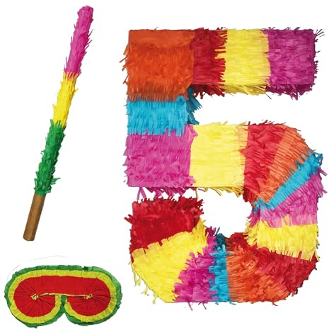 Party Factory – Pinata Set Stab & Augenmaske Geburtstagsdeko Kinder zum Befüllen & aufhängen – Schlag-Piñata als Party Deko in 50x35x8 cm für Kindergeburtstag & Mottopartys – Partyspiel Pinjata Zahl 5