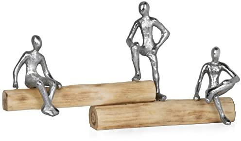 Moritz Skulptur The Trio 3 Freunde 45 cm Mangoholz – Dekofigur sitzend | Handgefertigtes Unikat, Silberfiguren auf Naturstamm, Symbol für Zusammenhalt, Geschenk für Freundschaft und Kollegen