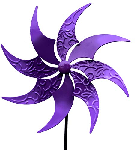 GeKi Trend Windrad Schmiedeeisen Metall Vintage Garten Deko Windmühle Windspiel Gartenstecker 48 cm Flügel x 150 cm groß lila bunt kugelgelagert