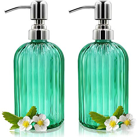Seifenspender – 2 Stück, 400 ml, Glas-Seifenspender mit rostfreier Edelstahlpumpe, nachfüllbarer Flüssigkeitsflaschenspender, Premium-Handseifenspender für Badezimmer, Küche, Arbeitsplatte (grün)