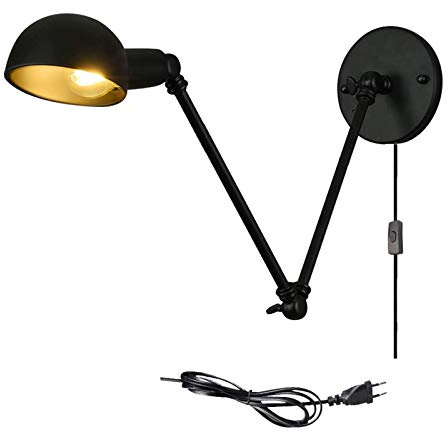 FREEDL Brazo Largo Aplique De Pared Negro Industrial Con Interruptor, Extensible Lámparas De Pared Interior Vintage Con Enchufe, Ajustable Luz Pared Metal Retro Con Zócalo E27, Art Deco Salón,20+20