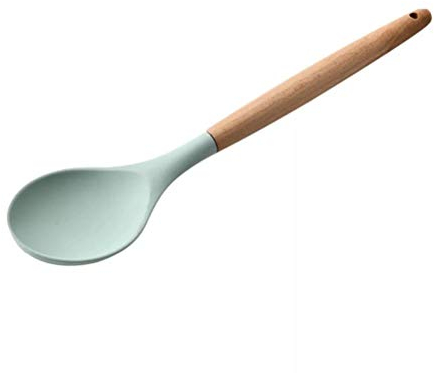 Hosuho - Cuchara de cocina de silicona antiarañazos de 32 cm con mango de madera, cuchara de cocina resistente y duradera para freír, freír y mezclar