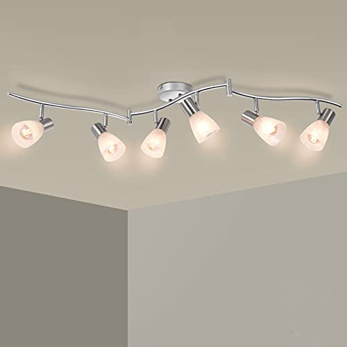 HiBay 6-Light Ceiling Light Fixture, Adjustable LED Track Lighting Kit, Modern Sliver Spotlight with Glass Shade for Kitchen Living Room Hallway, E12 Base (Bulbs Not Included)
