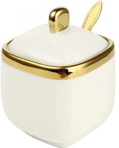 MAGICVOGEL Keramik Gewürzdose Gewürzbehälter Café Zuckerdose Küche Gewürzbehälter mit Löffel Zuckerbehälter mit Deckel (Weiß)