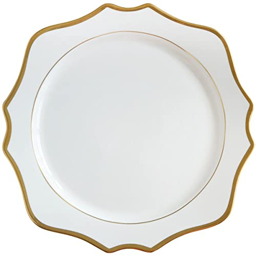 Decor Essentials Ceramic Scalloped Edge Gold Rimmed Charger Plate Dinnerware Party Table Setting Christmas Wedding Event Decor (White/Gold)