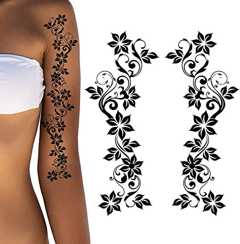 Tatodays 2x Sheets black chain cherry blossom flowers simple vine silothette temporary tattoos for women adult teens kids legs arms body seperate or together art temp tattoo luau party