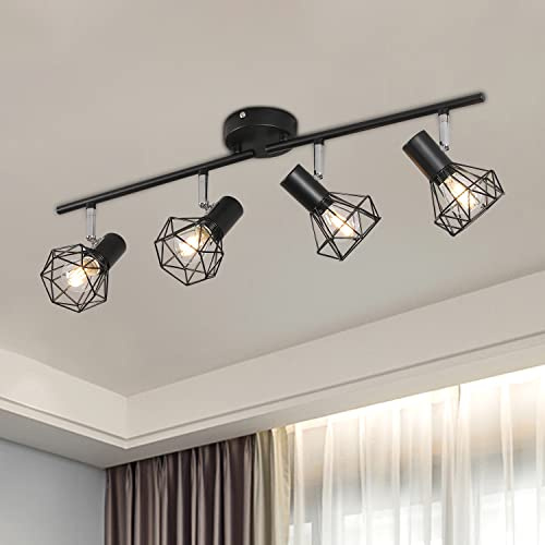 Beleben 4 Way Ceiling Light Fixture Rotatable Retro Spotlight Fitting E14 Base Angle Adjustable with Black Metal Cage Flush Mount for Bedroom Living Room Hallway (Bulbs Not Included)