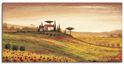 ARTLAND Wanddeko Leinwand Bilder Wandbild Landschaften Europa Italien Malerei Ocker A1LM Toskanalandschaft mit Mohnblumen