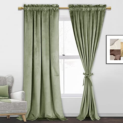 JIUZHEN Velvet Curtains 90 inches - Sage Green Room Darkening Rod Pocket Noise Reducing Window Curtains for Bedroom Living Room Patio Door, 52W x 90L, 2 Panels, Sage Green