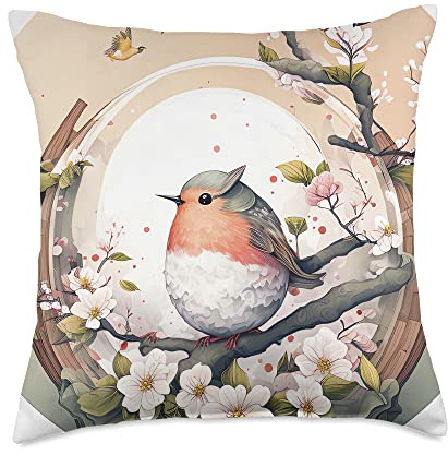 Delicate and Charming Red Robin Cherry Blossom Tree Throw Pillow