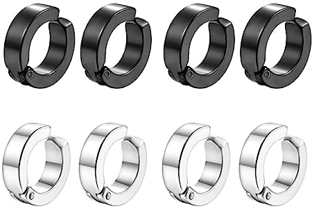 4 Paare Piercing Clip Ohrringe für Männer Frauen, Edelstahl Herren, Non Piercing Set Schwarz Silberton, Creolen Ohne Loch Fake Ohrstecker Ohrclips Klappcreolen, Silber Schwarz