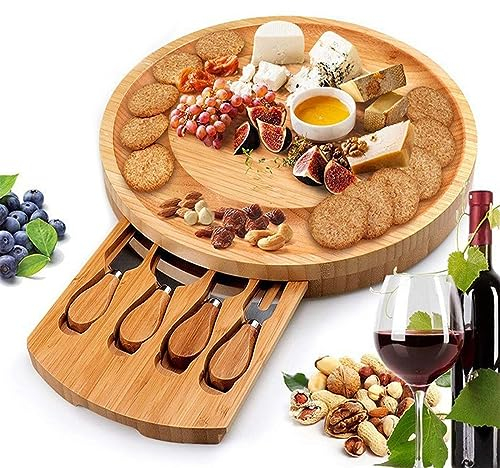 LANMOU Set Tabla de Queso de Bambú y Cuchillos Circular para Servir Embutidos con Cajón Oculto Tabla Grande para Cortar con Cuchillo de Acero Inoxidable