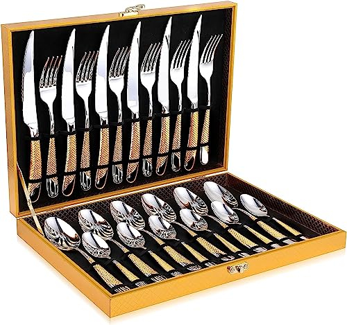 OGORI 24 teilig Besteck Set 6 Personen, 18/10 Edelstahl Besteckset, Essbesteck Set mit Messer Gabel Löffel, Hochwertiges Edelstahlbesteck