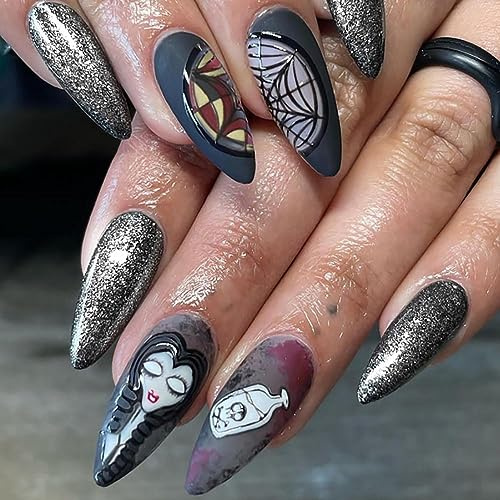 24 Pcs Halloween Spinnennetz Dunkel Frosted Falsche Nägel Zombie Braut Spitzte Spitze Fake Nägel Presse Auf Falsche Nägel