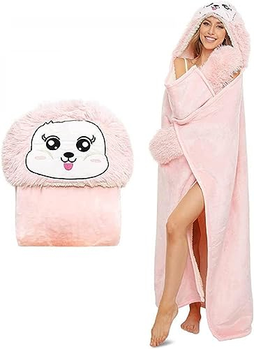SASIGAYA Tragbare Decke mit Ärmeln und Kapuze Flanell Rosa Kaninchen Geschenke für Frauen Sofadecke Flauschig Kuscheldecke Sherpa Ärmeldecke TV-Decke Fleecedecke Weich Wohndecke Winterdecke 152×125cm