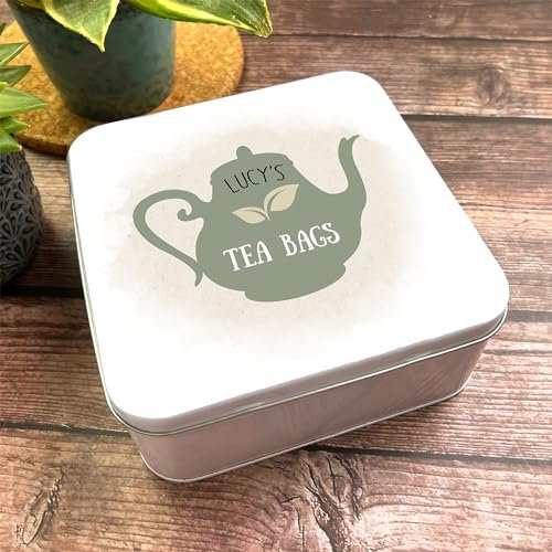 Square Rustic Sage Green Teapot Shabby Chic Personalised Tea Bag Tin Personalised Gift | Custom Gift | Personalized Tin | Personalised Tins | Gift For Her | Gift For Him