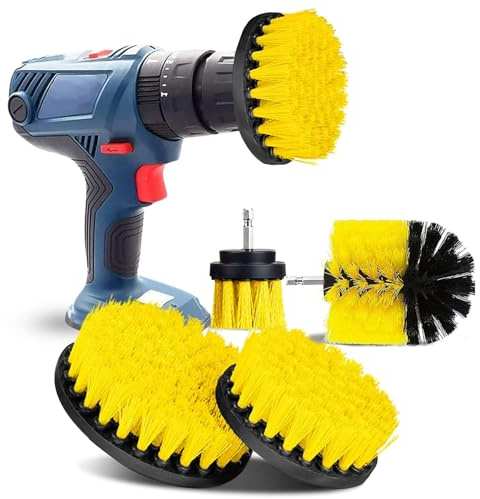 Drill Brush Set, 4 Pcs Cleaning Drill Brushes Power Scrubber Brushes for Cleaning Bathroom Car Carpet Floor Toilet Kitchen Grout Ceramic Surface Yellow
