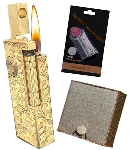 LEILEICAILI Vintage-Trench-Benzinfeuerzeug, Messing-Trench-Kerosinfeuerzeuge, nachfüllbar, Feuerzeug mit weicher Flamme und Feuersteinen, Geschenk-Zubehör-Set (ohne Benzin verkauft)(Gold 1)