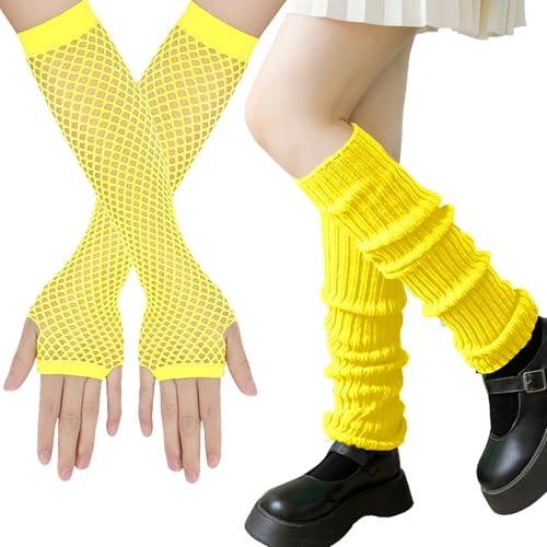 XIEXIESHER Neon Beinstulpen mit Neon Fingerlose Netzhandschuhe, Neon Stulpen, Leg Warmers, 80er 90er Jahre Kostüm Zubehör, Cosplay Kostüm Zubehör Disco Party Halloween Karneval Zubehör(Gelb)