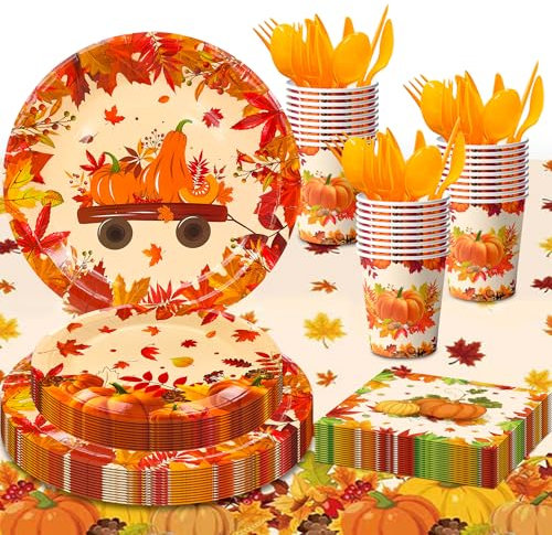Stoviglie per la Festa del Ringraziamento,16 Ospiti di Stoviglie Autunnali per Il Ringraziamento-Piatti di Tovaglioli Bicchieri di Carta Tovaglia etc Thanksgiving Decorazioni