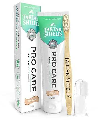 Tartar Shield Pro Care – Natural Enzymatic Pet Toothpaste Kit – Protects Against Plaque & Tartar - Freshens Breath & Removes Stains – Cleans Teeth and Gums – for Dogs & Cats - Coconut Flavor, 3 Oz.