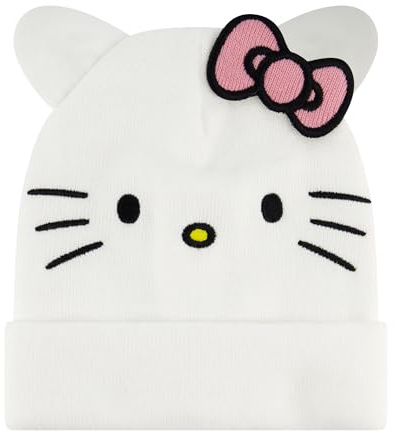 Concept One Unisex-Erwachsene Hello Kitty, Adult Acrylic Knitted Winter Cap with 3D Ears and Bow Beanie-Mütze, Weiss/opulenter Garten, Einheitsgre