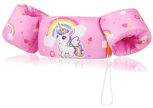 MoKo Kinder Schwimmflügel, Cartoon Schwimmende Badeanzug Schwimmtraining Jacke Schwimmflügel mit Sicherheitsschnalle für Jungen Mädchen, 20 bis 50 lb, Rosa Regenbogen Einhorn