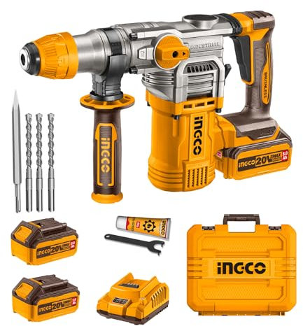 INGCO Marteau Perforateur Sans Fil 20V, Moteur Sans Balais, 930tr/min, Capacité de Perçage 28mm Béton, 3 Fonction en 1, SDS-Plus, avec 2 Batterie 5,0 Ah, 1 Chargeur, 3 Forets et 1 Burin CRHLI202885