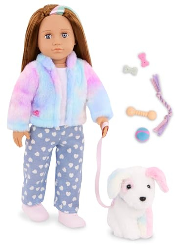 Our Generation Skylar & Bow – 46 cm Puppe mit Regenbogen-Welpen | Skylar & Bow mit 15 cm Welpe Bow, Leine, Halsband und Hundezubehör für Rollenspiele, Puppe und Welpe zusammen, 3+ Jahre