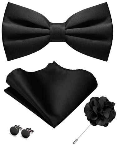 JEMYGINS Herren Matte Einfarbige Fliege mit Taschentuch Manschettenknöpfen und Ansteckblume Set