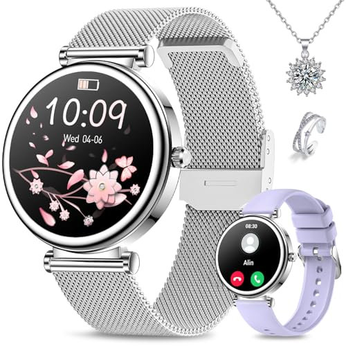 Kleine Smartwatch Damen(２Band+Halskette+Ring) 1,27 Fitnessuhr mit SpO2 Herzfrequenz Schlafmonitor Schrittzähler, Fitness Tracker mit 120+Sport Modi für iOS Android, Damen Uhr Smartwatch Silber