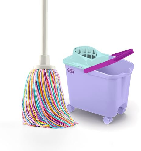 DIVINE GENIUS Happy Rainbow - Mocio con secchio strizzatore da 14L e ruote girevoli, set per la pulizia sostenibile con microfibra riciclata, ideale per la casa e i pavimenti.
