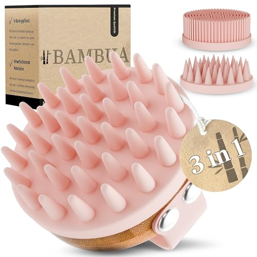 BAMBUA Kopfhaut Massagebürste - (3 AUFSÄTZE) vielseitige Kopfmassage Bürste mit Anti-Schuppen Effekt - Premium Haar Massagebürste Haare - Utensilienset inkl. E-Book „Gesunde Kopfhaut“ (Rosa)