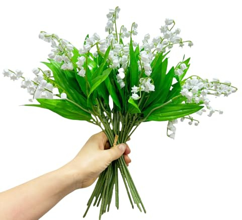 Urier 14 Inch Lily of The Valley Artificial Flowers Bouquet,24 Pieces Plastic Flowers for Outdoors,Fake Flowers with Stem,Home Wedding Party Garden Wreath Table Center Pieces Decor
