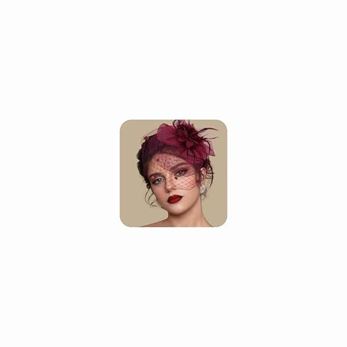 Masedy Fascinators Hats for Women Tea Party Hat Feather Mesh Headband Vintage Lace Headwear Veil Hair Clip Church Wine Red