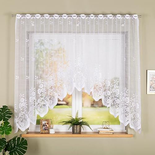 Gardinen Vorhangen Weiß Jacquard 300x140 cm (BxH) Rimasti LUK Gardine Kurz Mit Bogen Modern Mit Schlaufen Für Wohnzimmer Oder Küche Blumen Muster