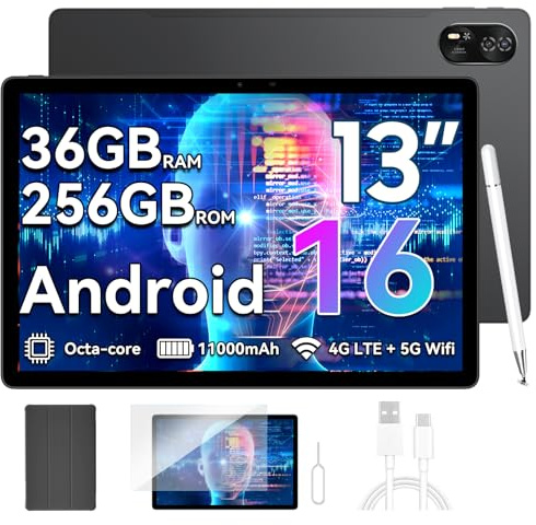 Blackview MEGA8 13 Zoll Tablet Android 16,36GB RAM+256GB ROM,90Hz 2K FHD Großes Display,4G LTE + 5G WiFi Gaming Tablet PC,Octa Core T620,50MP+13MP Dual AI Camera,11000mAh Akuu,Face ID