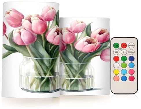 Tulips Bouquet in Glass Vase Flameless Pillar Candles with Remote Timer Battery Operated LED Candle Color Changing