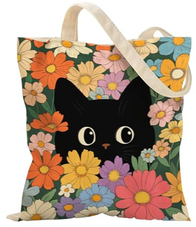 Komergave Stoffbeutel Bedruckt Aesthetic Schwarze Katzen Stofftasche Einkaufstasche mit Druckknopfverschluss und Innentasche Tragetasche Katzen Geschenke Canvas Tote Bag für Mama, Freundin