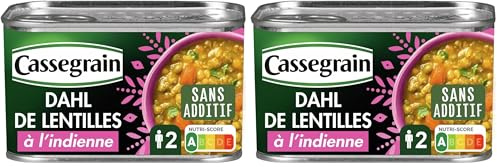 CASSEGRAIN - Dahl de Lentilles à l'Indienne - Légumes Fondants & Lait de Coco - Sans Additif - Nutri-Score A - Emballage 100% Recyclable - Boîte de Conserve de 435 g (Lot de 2)
