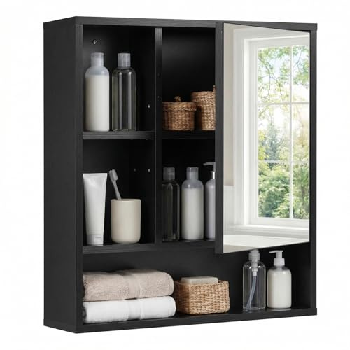 COSTWAY Spiegelschrank, Badschrank mit offenen Fächern & verstellbaren Ablagen, Badezimmerschrank mit Spielgeltür, Wandschrank, Hängeschrank für Badezimmer & Wohnzimmer, 55 x 16 x 61 cm (Schwarz)
