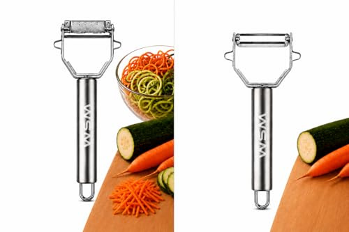 WSM Multischäler Set mit Ersatzklingen,Gemüseschäler,Julienne Schäler,Kartoffelspiralschneider für Gemüse und Obst, Gemüsestreifen, Beidseitig Gezackte Klinge,Edelstahl,Rechts und Linkshänder