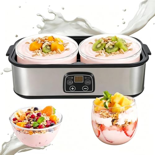 Macchina Elettrica for Yogurt Capacità 2 Litri, 2 Contenitori In Vetro con Coperchi for la Fermentazione, Fermentatore Multifunzione Fai da Te for Natto, Vino di Riso